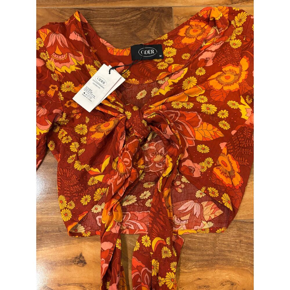 Cider retro boho floral tie front crop top with bell sleeves women’s M, 70’s - Picture 5 of 8
